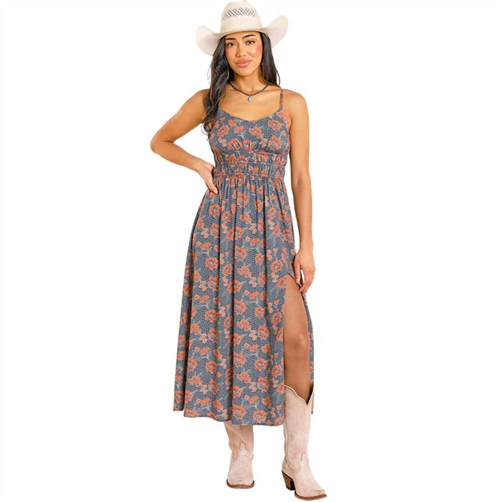 NEW ROCK & ROLL DENIM floral print midi dress in navy
